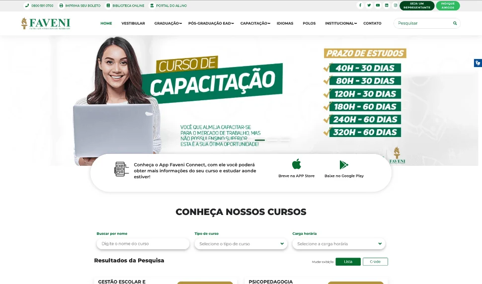 Página inicial do site da Faveni antes do projeto