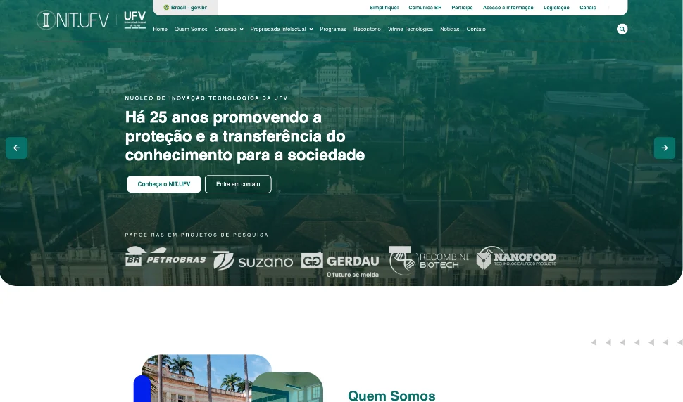 Página inicial do site do NIT.UFV depois do projeto