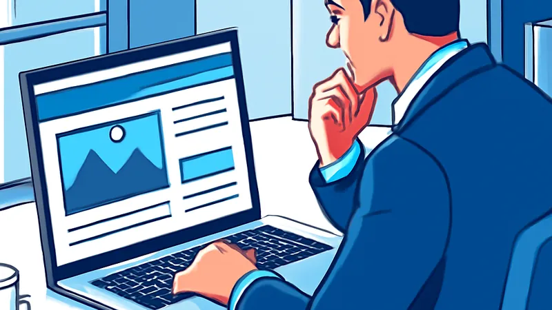 decisor B2B avaliando design de site corporativo em laptop