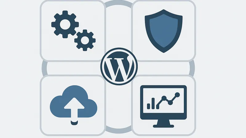 ilustração das quatro camadas de manutenção WordPress: atualizações, segurança, backup e suporte técnico