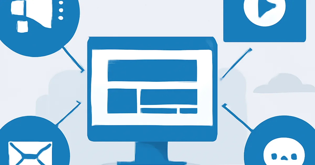 Ilustração de canais de marketing digital convergindo para um site WordPress central