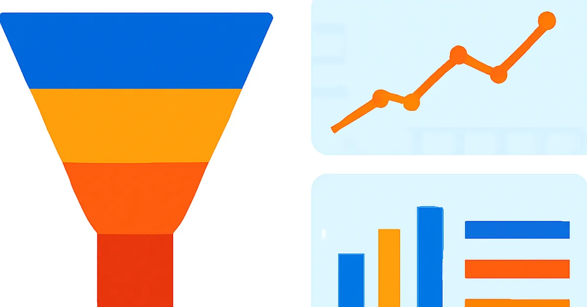 ilustração de dashboard de conversão com funil de vendas e gráficos de analytics